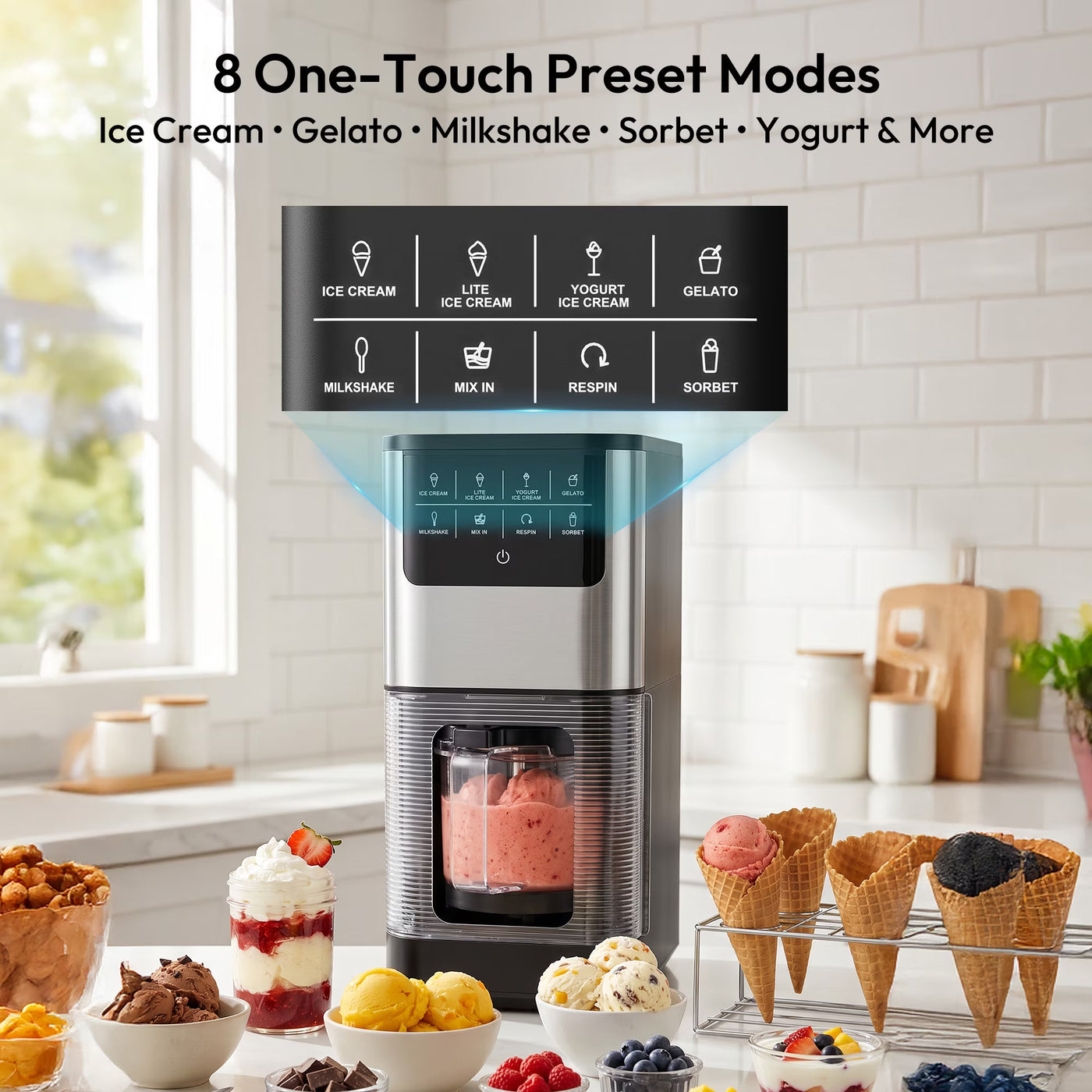 EUHOMY Ice Cream Maker with 8 One-Touch Programs, Makes Ice Cream, Gelato, Milkshakes & Sorbet, Includes 2 Pint Containers with Lids, Black/Silver