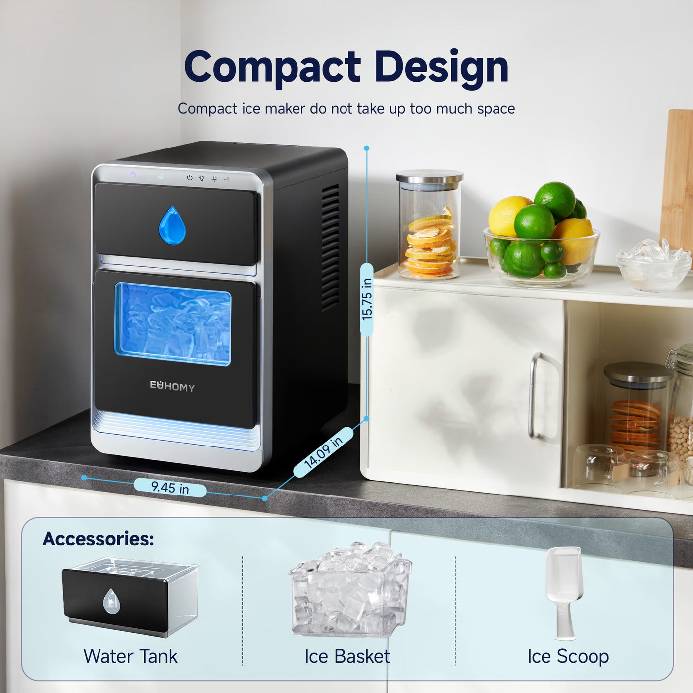 EUHOMY Crescent Ice Maker, 30Lbs/24H Countertop Ice Machine with Auto Cleaning & Slow-Melt Ice