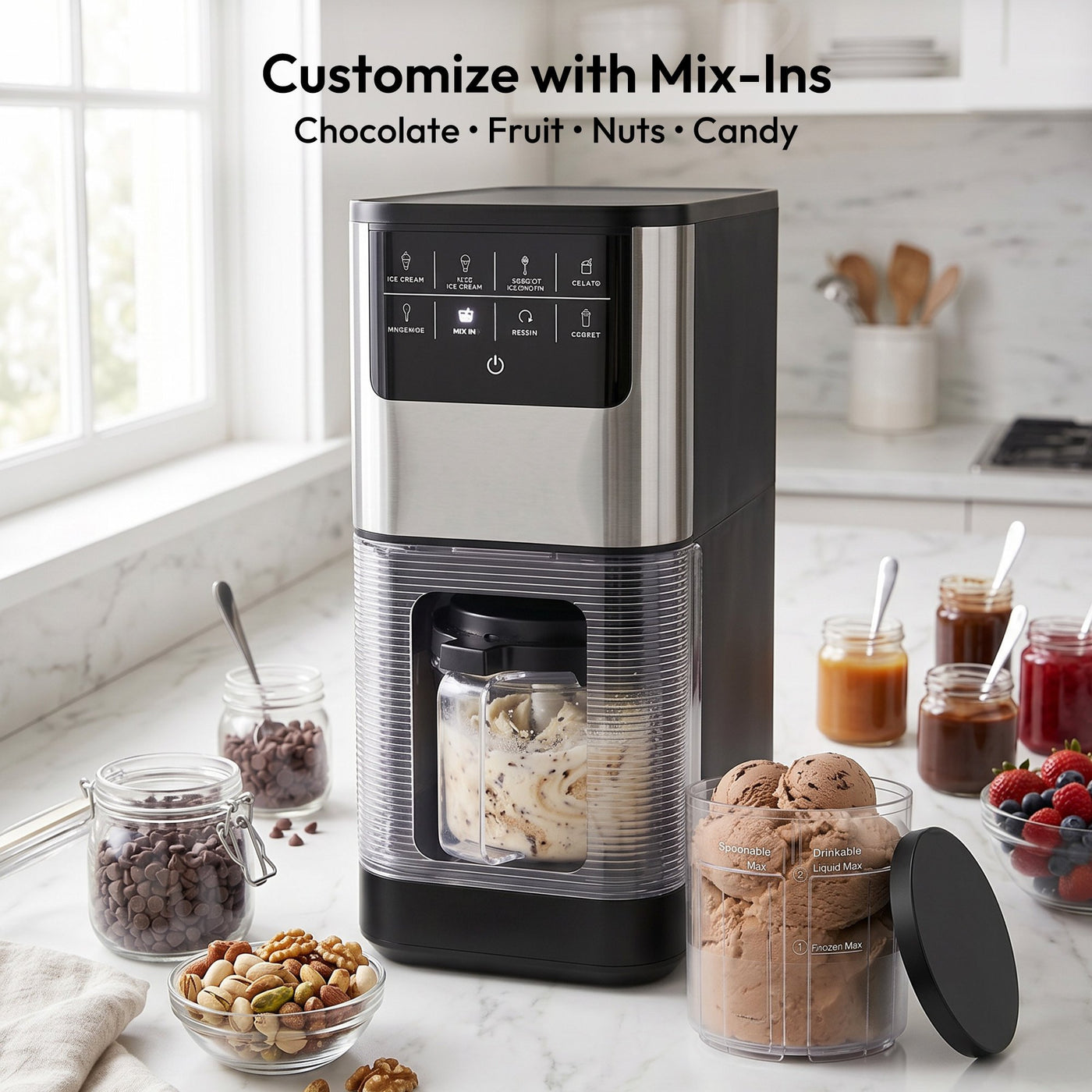 EUHOMY Ice Cream Maker with 8 One-Touch Programs, Makes Ice Cream, Gelato, Milkshakes & Sorbet, Includes 2 Pint Containers with Lids, Black/Silver